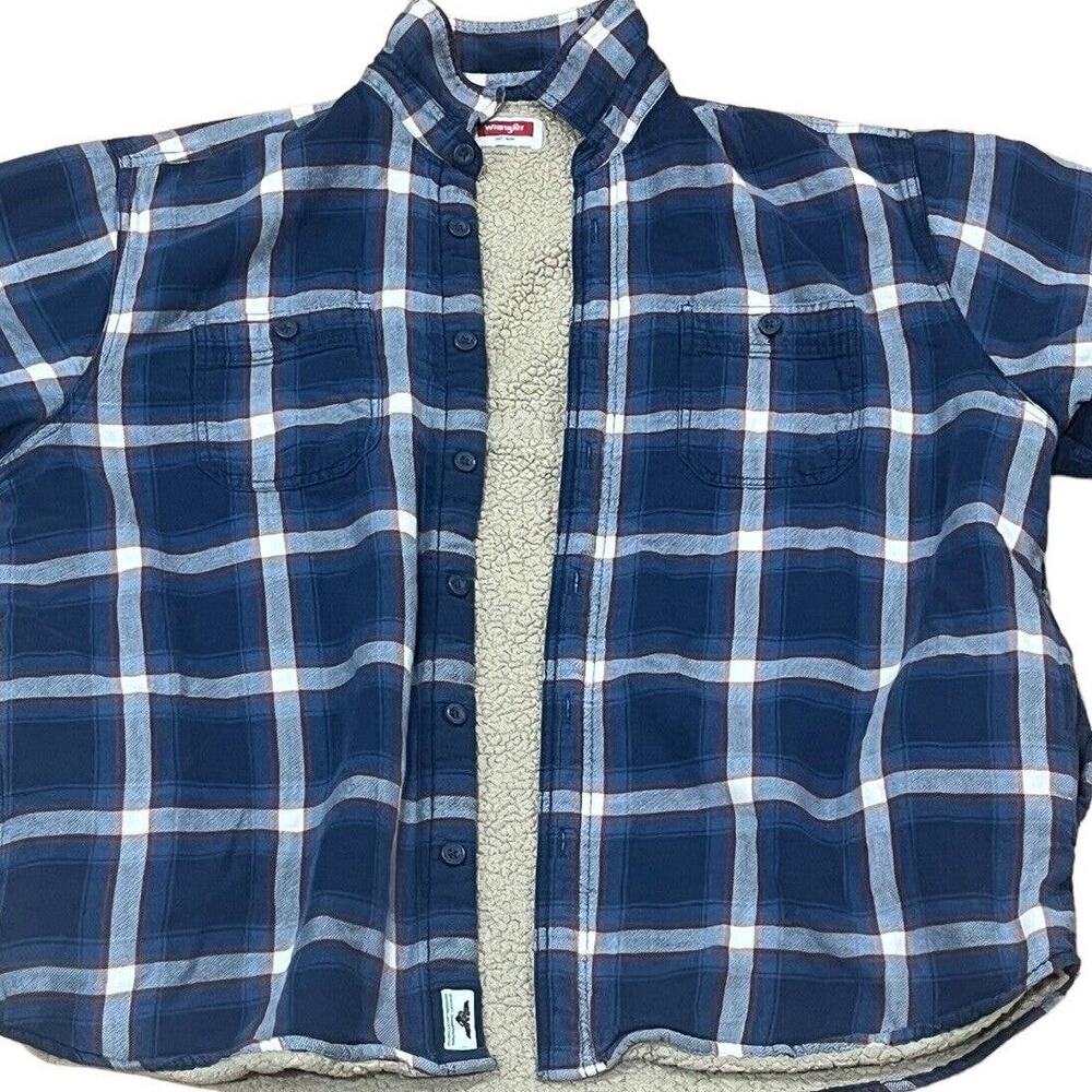Wrangler Mens Blue Plaid Sherpa Lined Flannel Shirt Jacket XL Heavy Shacket - Picture 3 of 11